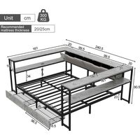 Lit de jour rembourré 140x200 cm avec ports USB/Type-C. 2 tiroirs et base à lattes métalliques,design jeunesse couleur béton.