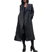 Femmes Printemps Automne Noir PU Cuir Long Trench Coat Double Boutonnage Cool Style Européen Vestes