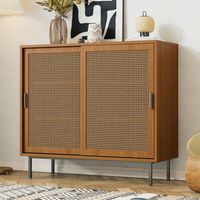 Buffet de rangement - 100x90x37cm - Sideboard bas avec 2 portes coulissantes en rotin et étagères réglables - Noyer