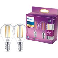 Philips ampoule LED Sphérique E14 40W Blanc Chaud Claire, Verre, Lot de 2