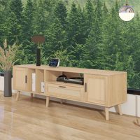 Meuble TV avec éclairage LED, 2 tiroirs en rotin, 2 portes en verre courbé et 1 porte en rotin, MDF, 180 x 40 x 50 cm, marron