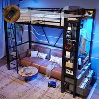 Letto a soppalco 90x200 cm ferro, letto singolo con 4 cassetti, ripiani, USB/Type-C, LED, ringhiera,MDF, nero (senza materasso)
