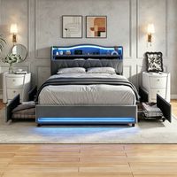 JOOKGBD-Letto contenitore 160x200cm,letto matrimoniale imbottito,LED,USB,4 cassetti,ripiani aperti,testiera imbottita con vano portaoggetti,rete a doghe inclusa,velours,grigio