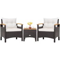 COSTWAY 3tlg. Rattanmöbel mit 2 Sessel und 1 Beistelltisch, Polyrattan Gartenmöbel Gartenlounge Gartengarnitur Sitzgruppe, Sitzgarnitur Gartenset inkl. Akazienholzplatte und Sitzkissen