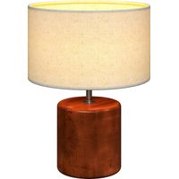 Lámpara de mesa rústica con base de madera y pantalla de lino, interruptor basculante marrón
