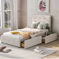 Cama Tapizada 90x200 Cm Estructura Almacenaje Terciopelo Beige