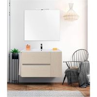 Bad-Hängeschrank GEA mit Keramik Waschtisch und Spiegel - 2 Schubladen und seitlicher Stauraum mit Tür - Handtuchhalter als Geschenk - Creme 100CM