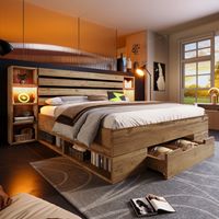 Modernluxe – Lit adulte 180x200 cm en bois massif – Liseuse LED et ports USB intégrés – Sommier à lattes – Capacité 272 kg