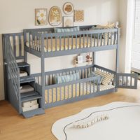 Etagenbett 90×200 cm, Einzelbett mit Stauraumtreppe, Schubladen und Rausfallschutz, ohne Matratze, aus Massivholz, Grau