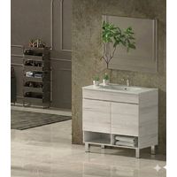 Ensemble Meuble de salle de bain NEBARI avec pieds Livré Monté 2 portes, lavabo et miroir Blanc nordique 100x45 cm