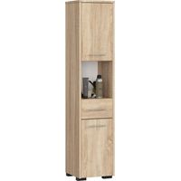 Colonne salle de bains 30 cm – 2 portes – 1 tiroir – 5 étagères – Chêne Sonoma – Hauteur 140 cm – Panneau stratifié – Abamihome