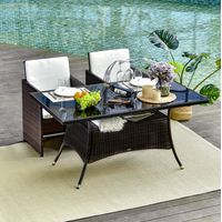 Mesa de jardín de ratán sintético marrón con vidrio de seguridad, rectangular, estructura metálica, resistente a la intemperie