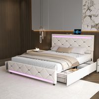 Lit 140x190 cm, LED et 4 tiroirs, tissu en velours, cadre de lit 140x190 cm, lit adulte 140x190 cm, blanc cassé