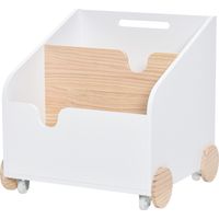 Caja almacenamiento madera juguetes 2 sections avec ruedas asa librería infantil 40x43x43 cm Blanco y Natural