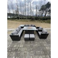 Fimous 10 Sitzer Outdoor Lounge Rattan Gartensofa Set Gartenmöbel Gas Feuerstelle Tisch Set Esstisch mit Stuhl Couchtisch Hocker Dunkelgrau Gemischt