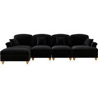 Klassisches modulares L-förmiges 4-Sitzer Sofa aus Chenille mit Trichter-Armlehnen, abnehmbarer Rüschenschürze, spindelförmigen Beinen & beweglichem Hocker – Tiefer, bequemer Sitz fürs Wohnzimmer,Schw