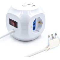 Multipresa Elettrica, Ewent Multipresa a Cubo 3 prese Schuko, Con 2 prese USB e 1 presa USB-C, Spina Italiana 16A con cavo lungo 1.5 metri, Protezione da Sovratensione, Adatta per Casa/Ufficio, Nera