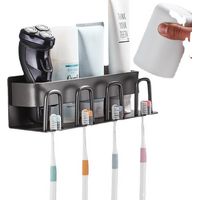 BEBUSINGOTO Soporte para cepillo de dientes de aluminio gris espacial sin perforaciones, soporte para cepillo de dientes eléctrico de pared, almacenamiento de pasta de dientes, estante para baño, 4 re