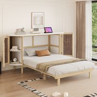 Letto a scomparsa verticale per adulti, 140x200 cm, con rete a doghe, ante in rattan, finitura in legno naturale
