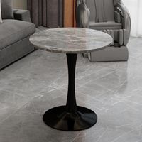 27.6-inch black coffee table, mid-century modern style dining table, suitable for 2-4 people, featuring a round marble tabletop with a deep gray veined finish, perfect for various settings.