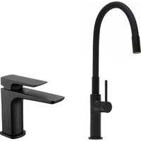 set de grifo monomando para lavabo sin desagüe + grifo monomando para cocina, caño flexible, aireador Neoperl®, negro mate (SATB