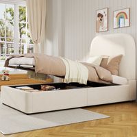 Lit coffre - lit 90x200 cm - hydraulique rangement et sommier à lattes - velours beige - sans matelas