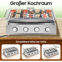 4 Brenner Gasbräter, 2800Pa LPG Edelstahl Grill Tischgrill Gas Tisch Gasgrill BBQ Gastrobräter mit Grillrost, 57x39x17,5cm Höhenverstellbar für Camping Balkon Garten