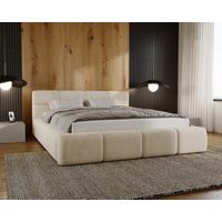 Emporius Lit double 180x200 Oslo, lit capitonné en velours avec rangement, tête de lit haute, Beige