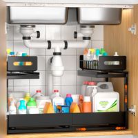 BLYLUND Under Sink Storage Kitchen Organiser 2 Tier Pull Out Cupboard Under Sinks Organisers with Slide-Out Drawers, Height Adjustable Shelf Storage for Kitchen Organization Drawer(Black)