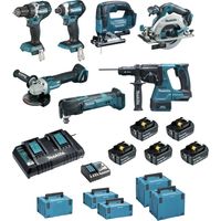 Pack de 7 machines MAKITA 18V DLX7014PTJ (DDF484+DTD154 +DGA506+DHR243 +DTM51+DJV182 +DHS680 + 5x5,0Ah + DC18RD + 2xMAKPAC 2 +MAKPAC 3 + 2xMAKPAC 4)