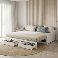 Lit gigogne 90x200/180x200 extensible, 2 tiroirs, lit Banquette, lit capitonné, sommier à lattes en bois, gain de place, pour enfant, adulte, style moderne scandinave, Blanc