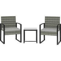 Rattan Bistroset, 3 teiliges Gartenmöbel-Set mit 2 Gartenstühlen, Couchtisch, abnehmbar Kissen Hellgrau