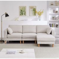 Canapé d'angle nordique 3 places avec pouf 235×152×78 cm – Canapé en L beige en polyester avec pieds en bois massif pour un salon moderne