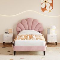Upholstered Velvet Bed Frame, with Adjustable Chic Petal Headboard, Solid Wood Slat, No Box Spring Needed, Easy Assembly, Single Bed, Pink