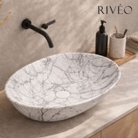 Vasque à poser ovale blanche effet marbre 59 x 42,5 x 14 cm en céramique avec bonde incluse - Rivéo