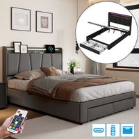 Stauraumbett 160x200 cm, Doppelbett mit verstecktem Stauraum im Kopfteil, 2 Fußteilschubladen, LED und USB-Anschlüssen, Holzlattenrost, Metallrahmen, Polsterbett aus Leinen - Grau