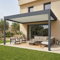 Pergola rétractable HYLIA (Motorisation à télécommande + LED - Gris anthracite RAL 7016 (armature) Blanc RAL 9010 (lames) - 4.50 x 3.005 m)