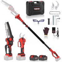 TEENO Ensemble secateur electrique sur perche et Tronçonneuse à perche télescopique, sécateur électrique 40 mm + mini tronçonneuse sans fil 6 pouces + perche télescopique 160-280 cm,2X4,0 Ah batteries
