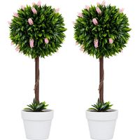 HOMCOM Set of 2 Potted Artificial Plants Ball Tree with Flowers Pink