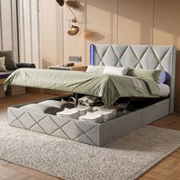 Lit Coffre 140x200 cm avec LED et Sommier – Lit Double Rembourré avec Rangement Hydraulique – Velours - Gris