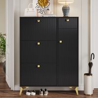 Schuhschrank 90 x 25 x 121 cm, Schuhkommode mit 3 Klappen, 1 Schublade und 1 Tür, Flurschrank für 12 Paar Schuhe – Schwarz