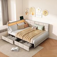 Polsterbett 140x190 cm mit Schubladen, Bett für Erwachsene mit L-förmigem LED-Kopfteil und USB-Anschlüssen, Leinen, MDF und Metall, Beige