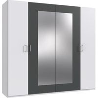 Armoire de chambre - RHODES - Blanc / Rechampis graphite - 4 portes - 2 miroirs - 225 x 58 x 208 cm