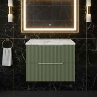 Hudson Reed Fluted Wall Hung 2-Drawer Vanity Unit with Carrera Marble Worktop 600mm Wide - Satin Green