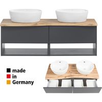 Badezimmer Waschtisch mit zwei Aufsatzwaschbecken KAHLA-03 in graphit mit Abdeckplatte in Wotan Eiche Nb. und Front in anthrazit matt, B/H/T: ca. 121/54,5/52 cm