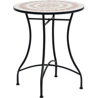 60 cm Mosaic Garden Table, Small Round Outdoor Side Table with Ceramic Top, Plant Stand for Patio, Balcony, Orange and White
