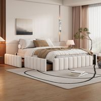 Cama con cajones de 140x200 cm, 4 cajones, base de láminas, sin colchón, sin cabecero, beige