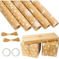5 Rolls of Recyclable Gift Wrapping Paper, 43 cm x 3 m Kraft Roll, Hemp Rope Accessory 2 + Double-Sided Adhesive Tape 1 for Christmas Gift Paper Birthday Party Wedding Baby