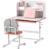 Table bureau enfant réglable avec chaise rose, bureau inclinable, tiroir, étagère