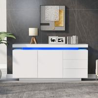 Armoire buffet salon moderne côté debout commode tiroir crédence haute 2 portes 3 tiroirs haute brillance LED sans poignée 140x35x72,5cm Blanc.